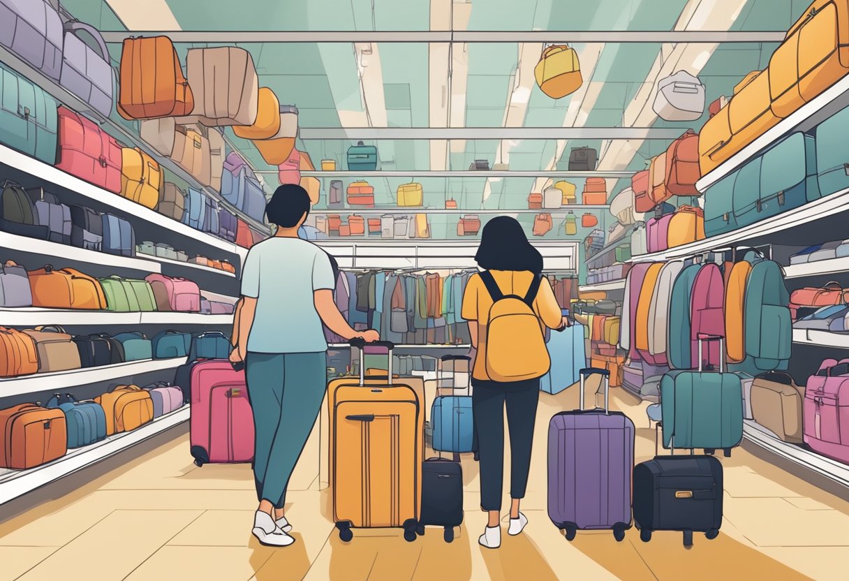 A person browsing through various luggage options in a bustling Singapore store