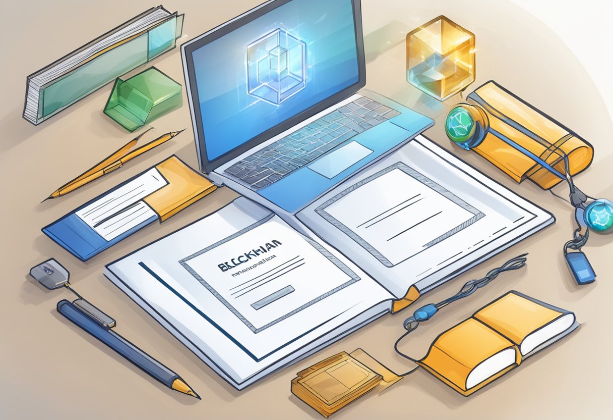 A blockchain icon connected to a diploma, transcript, and certificate, symbolizing secure and transparent educational credential verification