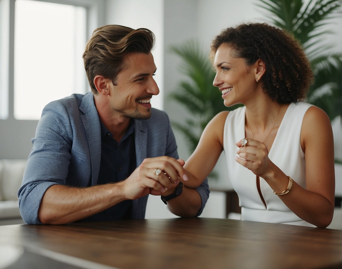 A man and woman sit at a table. The woman presents an engagement ring to the man, who looks surprised. The woman explains the significance of the ring while the man listens attentively