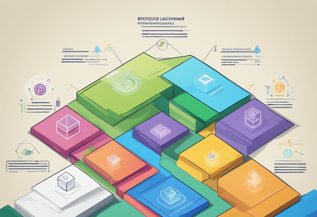 Blockchain logos surround a diploma, while arrows point to potential drawbacks and criticisms