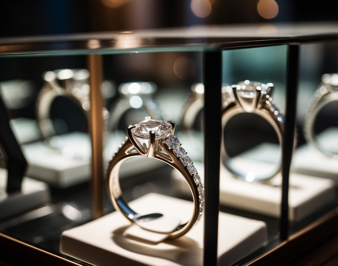 A man's hand reaching for a sleek, modern engagement ring in a display case, surrounded by other jewelry options