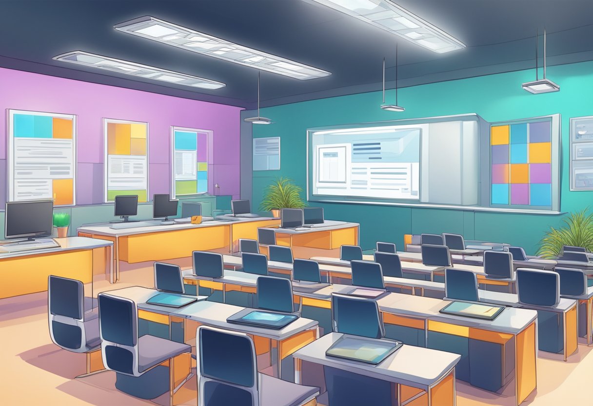 A futuristic classroom setting with blockchain technology integrated into educational credential verification process