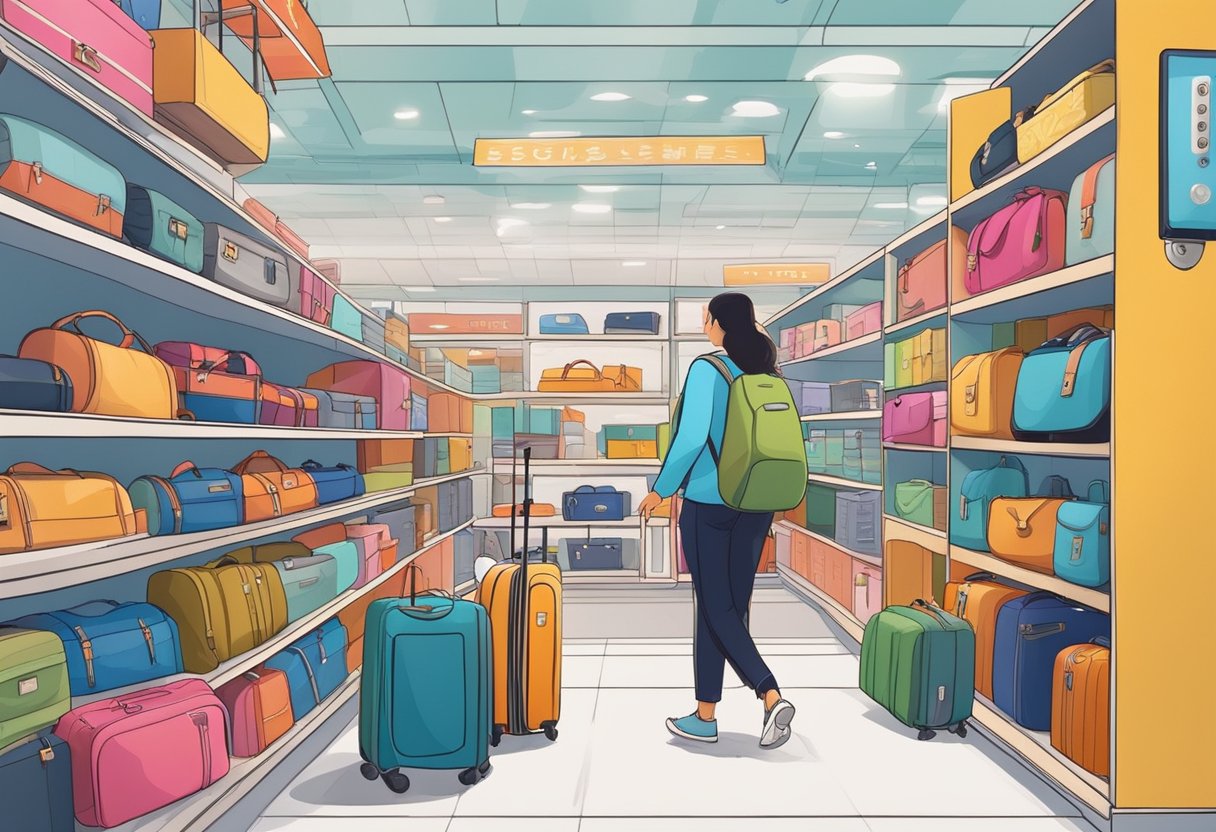 A traveler selects luggage at a Singapore store, surrounded by colorful options and travel accessories