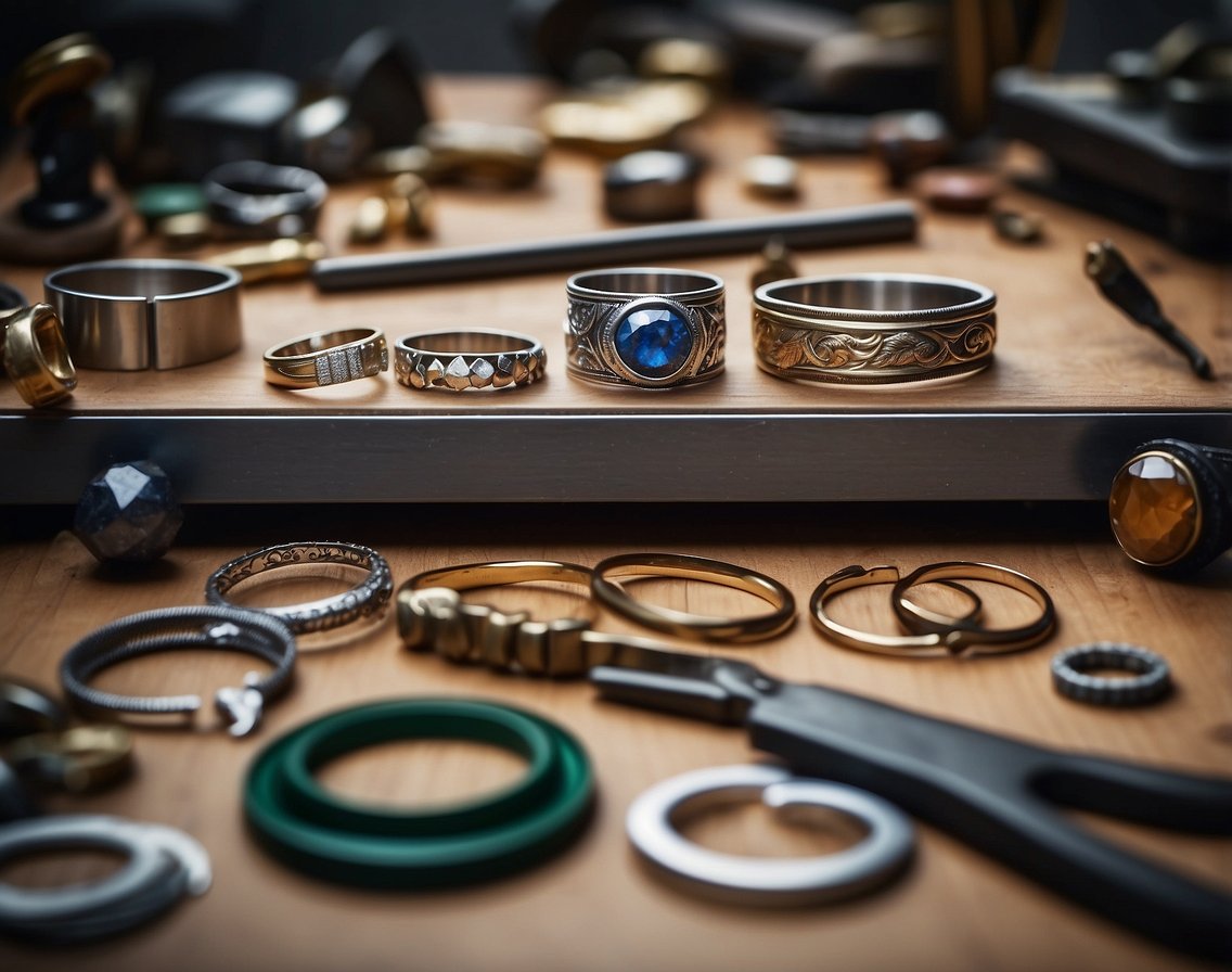 A workbench with tools and raw materials for crafting men's rings, including metal bands and gemstones. Designs and sketches of various ring styles are scattered around