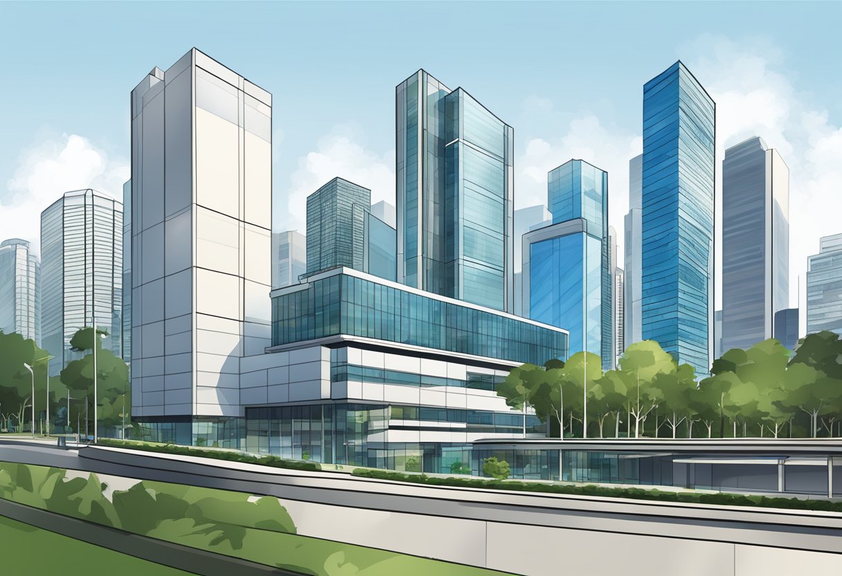 The Microsoft Singapore office building stands tall against the city skyline, with modern architecture and sleek design
