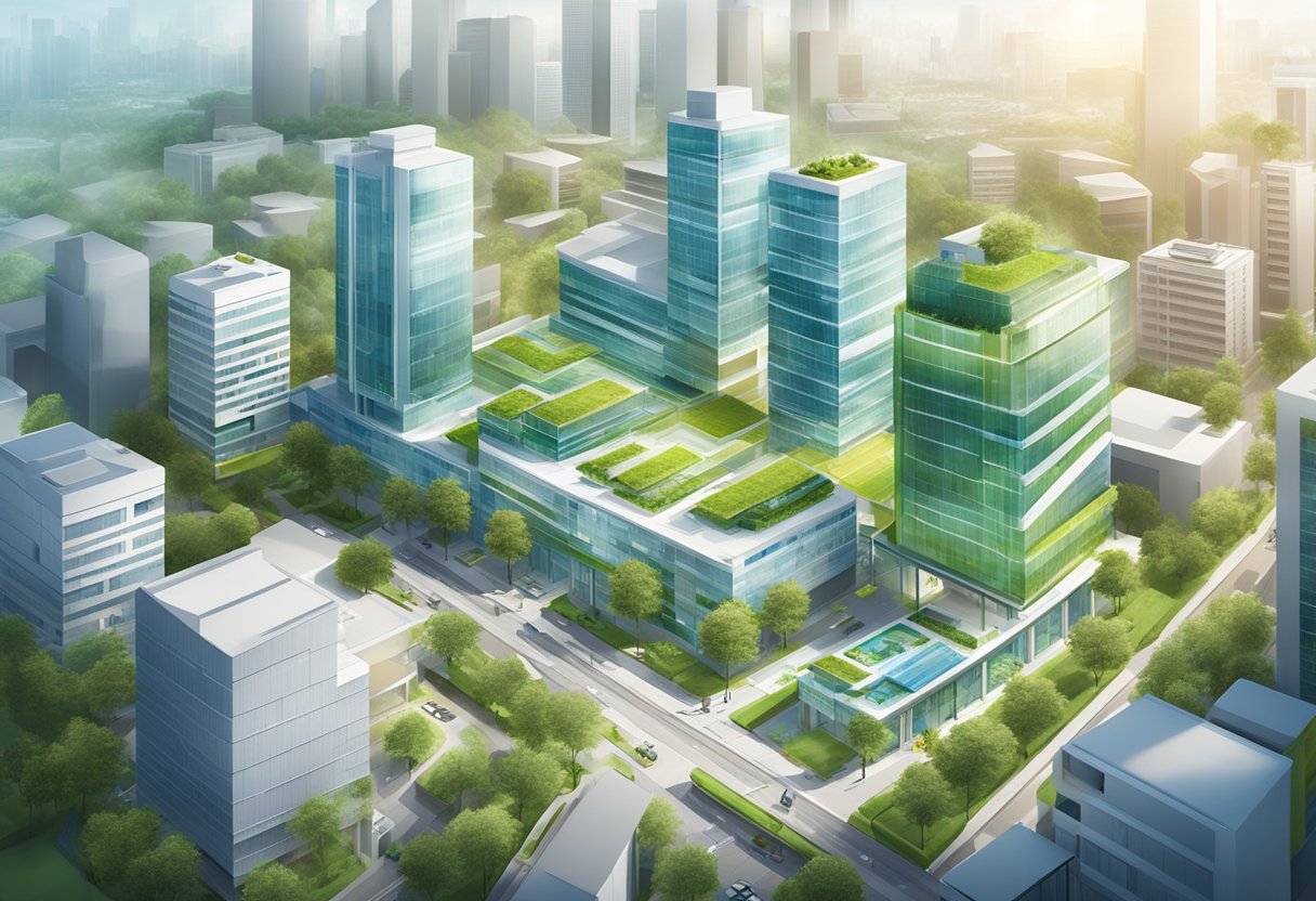 A bustling cityscape with a modern hospital and green technology buildings, showcasing the integration of sustainable practices and healthcare solutions by Microsoft Singapore