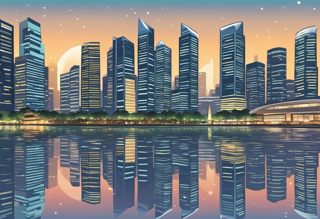 A bustling urban landscape with modern skyscrapers and vibrant city lights, reflecting off the calm waters of the Singapore River