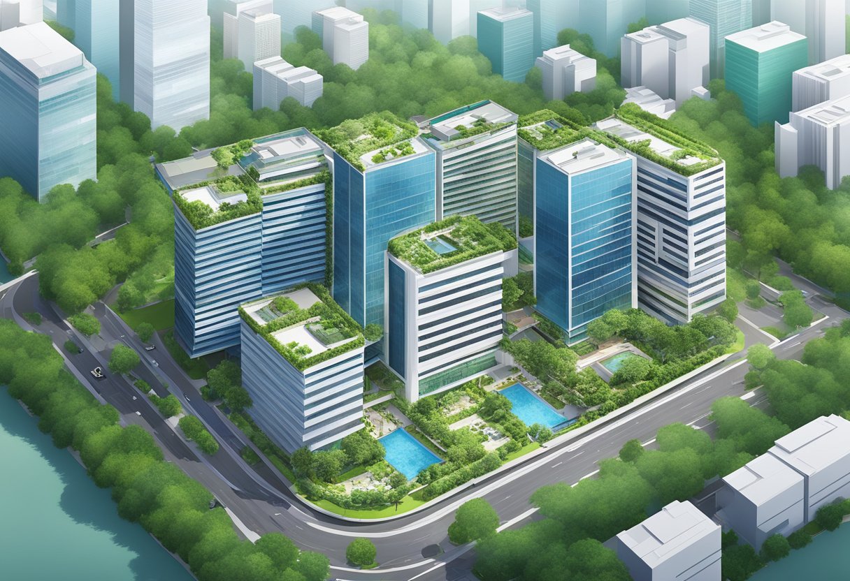 Aerial view of NCS Singapore office building with surrounding cityscape and lush greenery