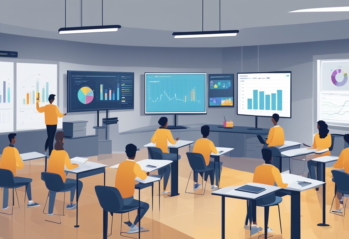 A classroom with data visualizations on screens, showing student progress and trends. Charts and graphs illustrate the impact of big data on education