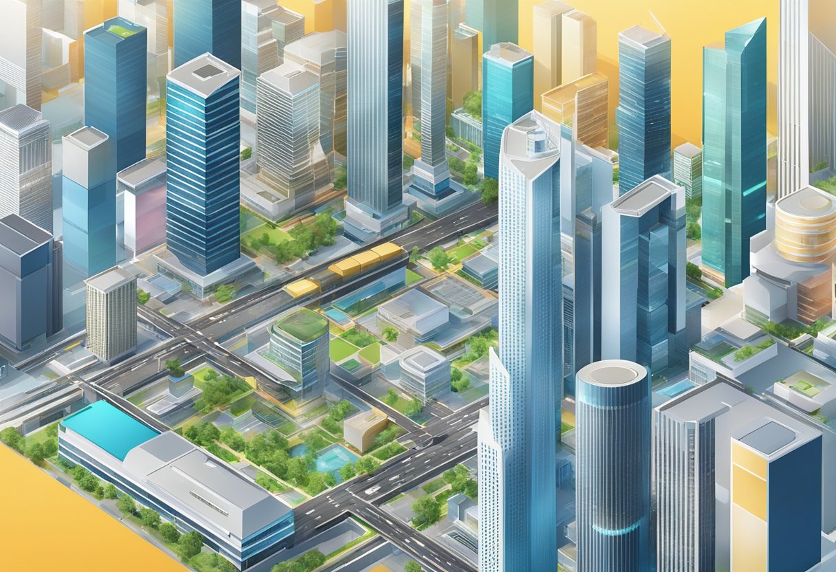 A bustling city skyline with modern buildings and high-tech infrastructure, showcasing the innovation and services of NCS Singapore