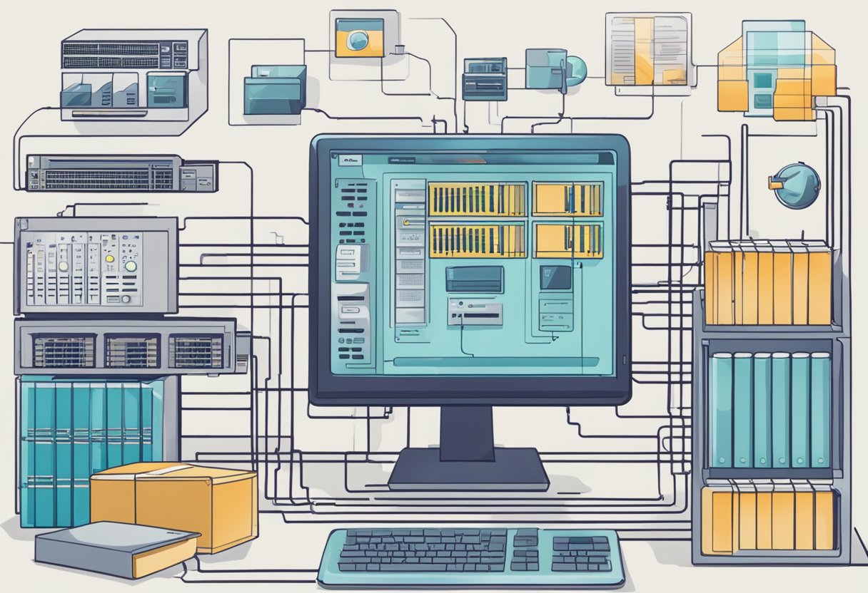 A computer server with cables connecting to various sources of data, including educational databases and student records. Graphs and charts display student performance and trends