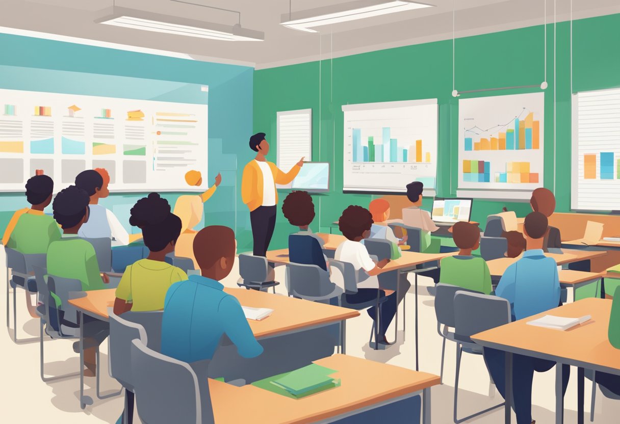 A classroom with students' data displayed on screens, while teachers analyze and make decisions based on the information