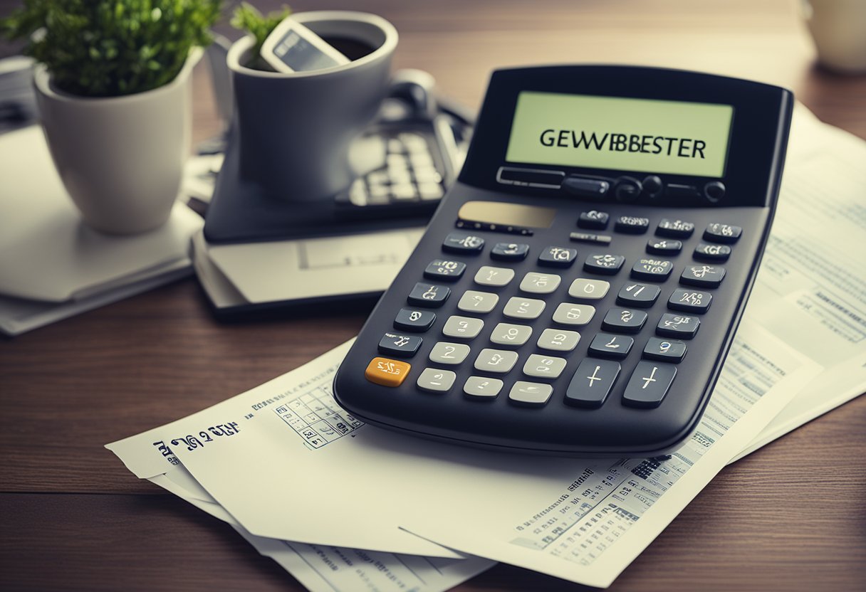 A calculator displaying "Gewerbesteuer" rates on a desk with tax forms and a laptop