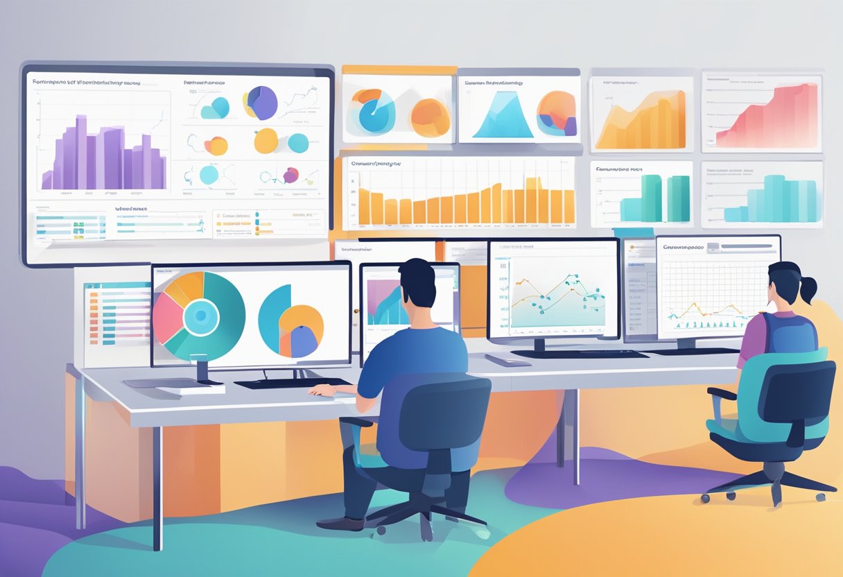 A computer with data visualizations showing student performance trends and predictive analytics algorithms at work