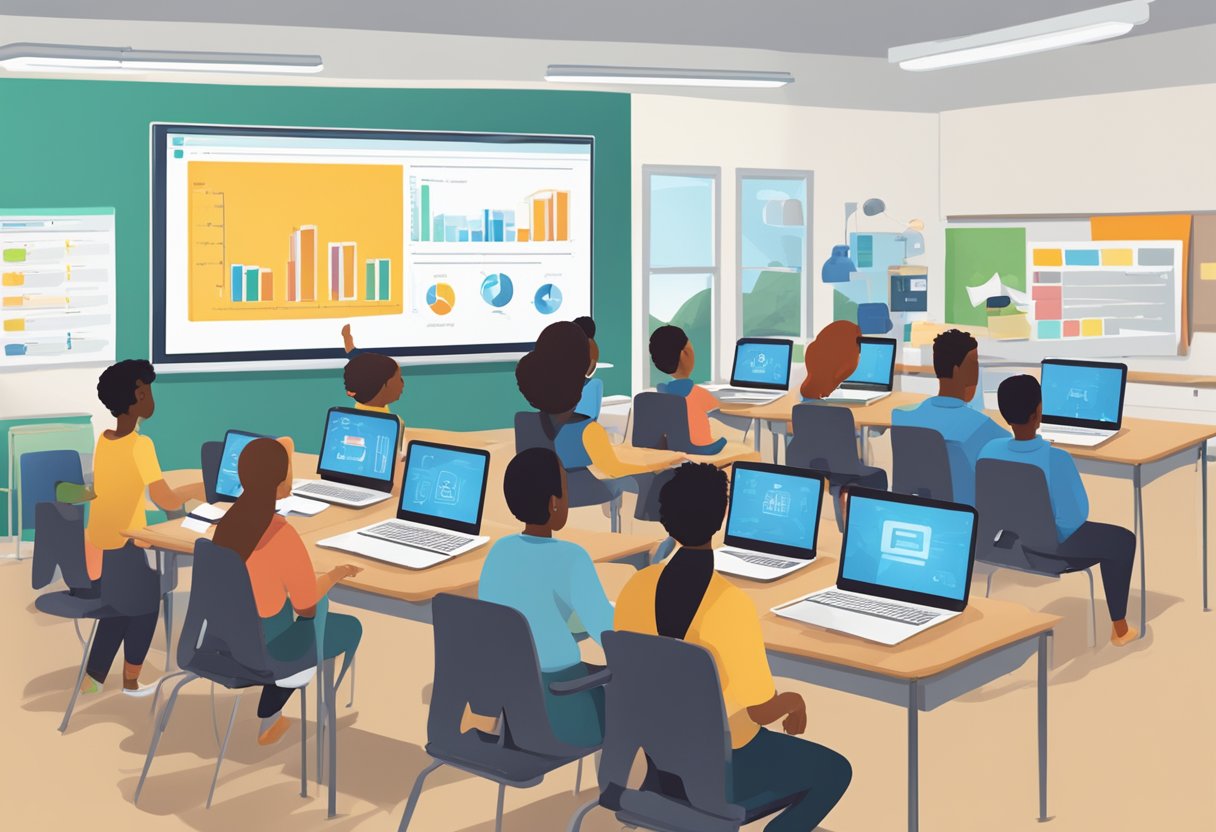 A classroom with interactive technology, personalized learning plans, and data analytics displayed on screens. Students engage with digital content tailored to their needs