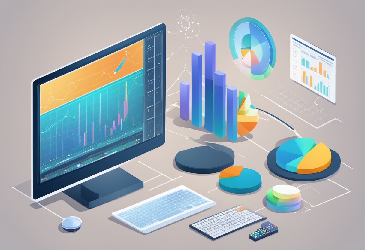 A computer analyzing data sets with charts and graphs, surrounded by ethical guidelines and considerations