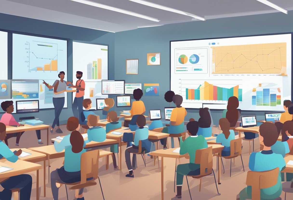 A classroom with digital screens displaying data graphs and charts, while teachers and students engage in interactive learning activities