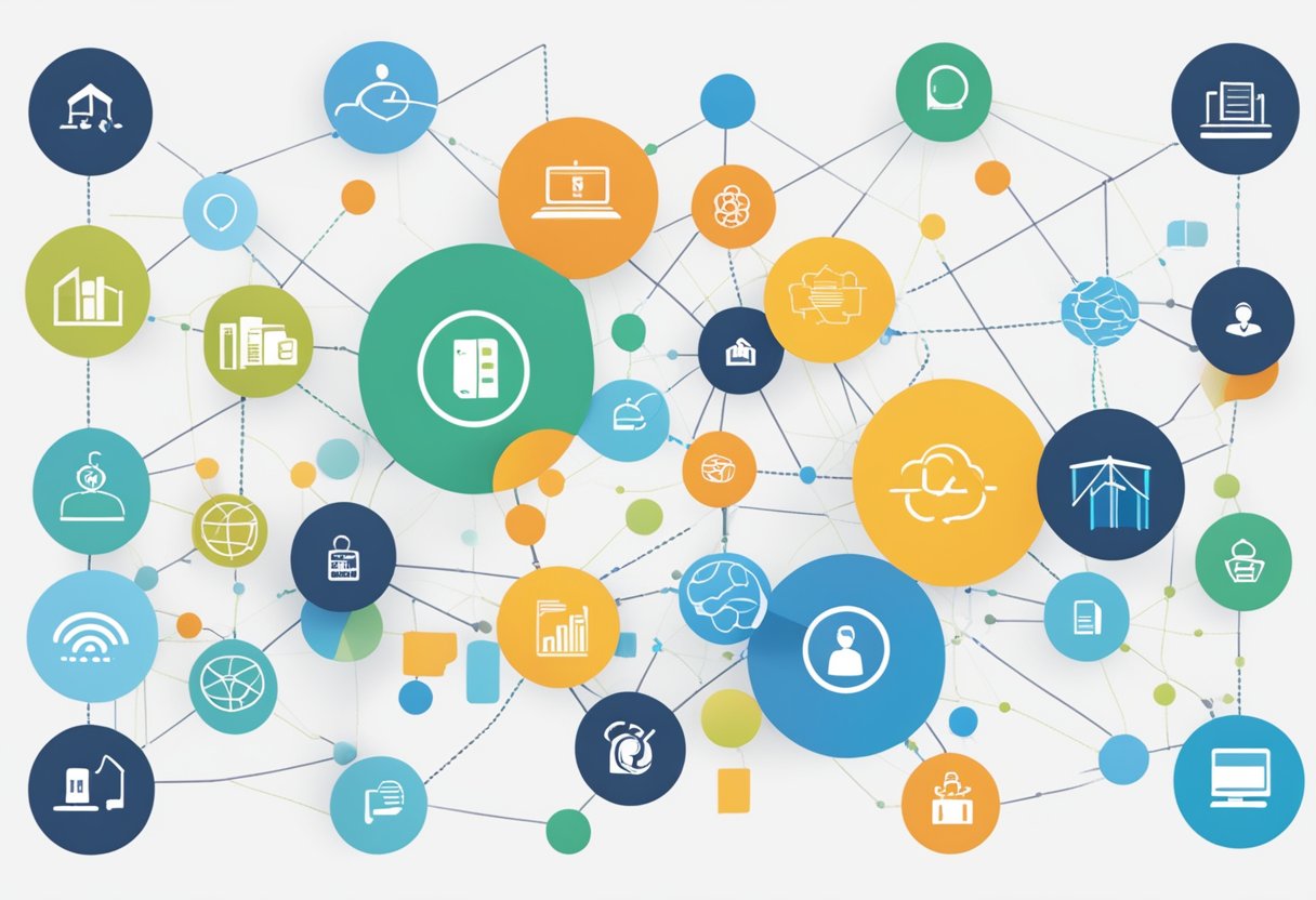 A network of interconnected data sources feeding into a central platform, with data analytics tools visualizing student performance and outcomes