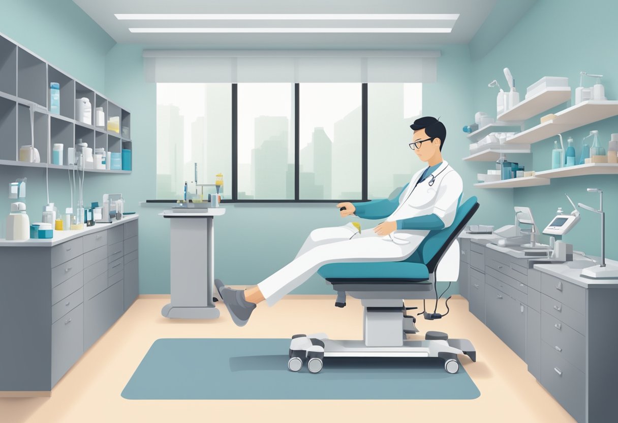 A podiatrist in Singapore carefully examines a foot, surrounded by medical tools and equipment in a clean and modern clinic