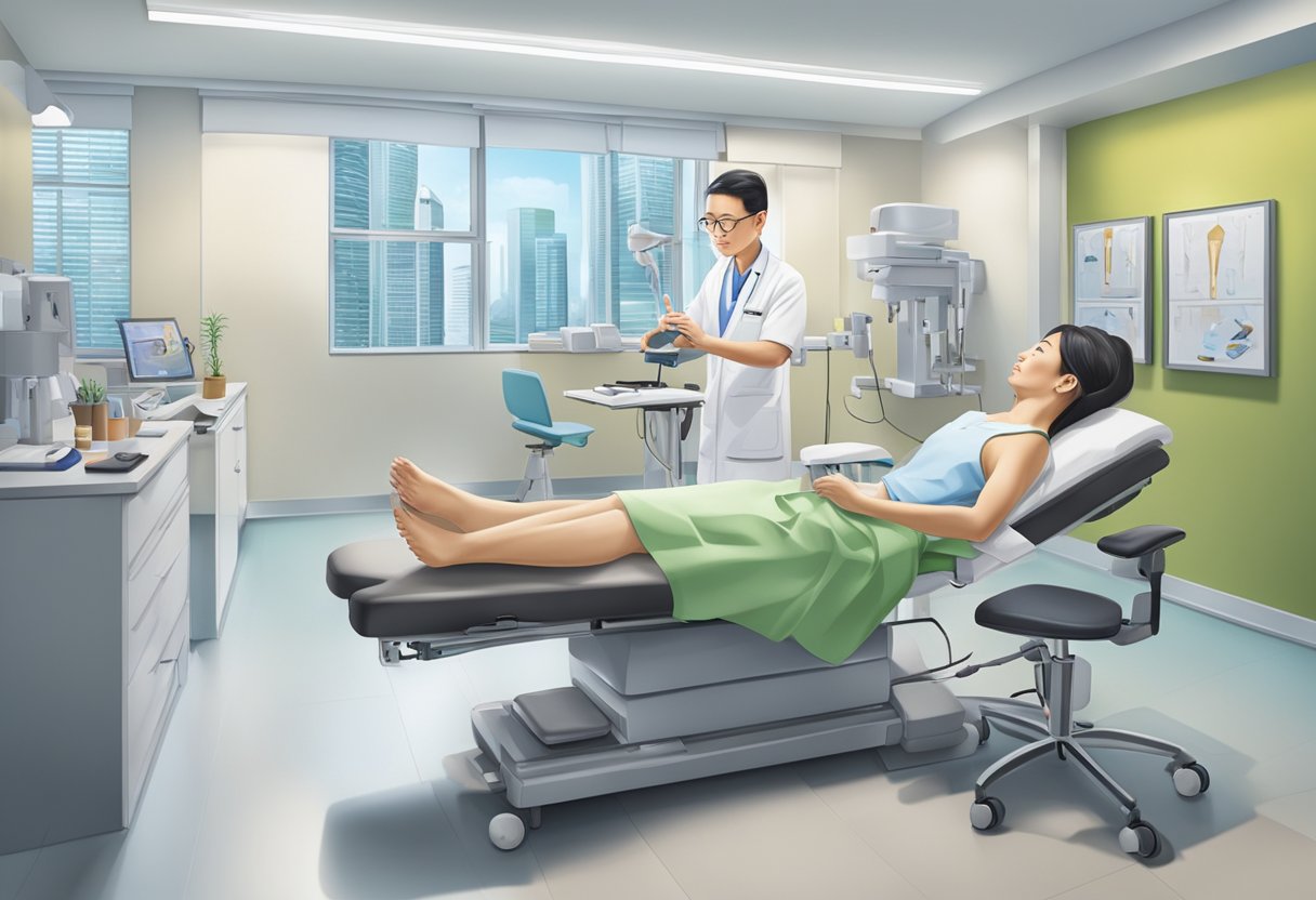 A podiatrist in Singapore examines a patient's foot using specialized tools and equipment in a modern clinic setting