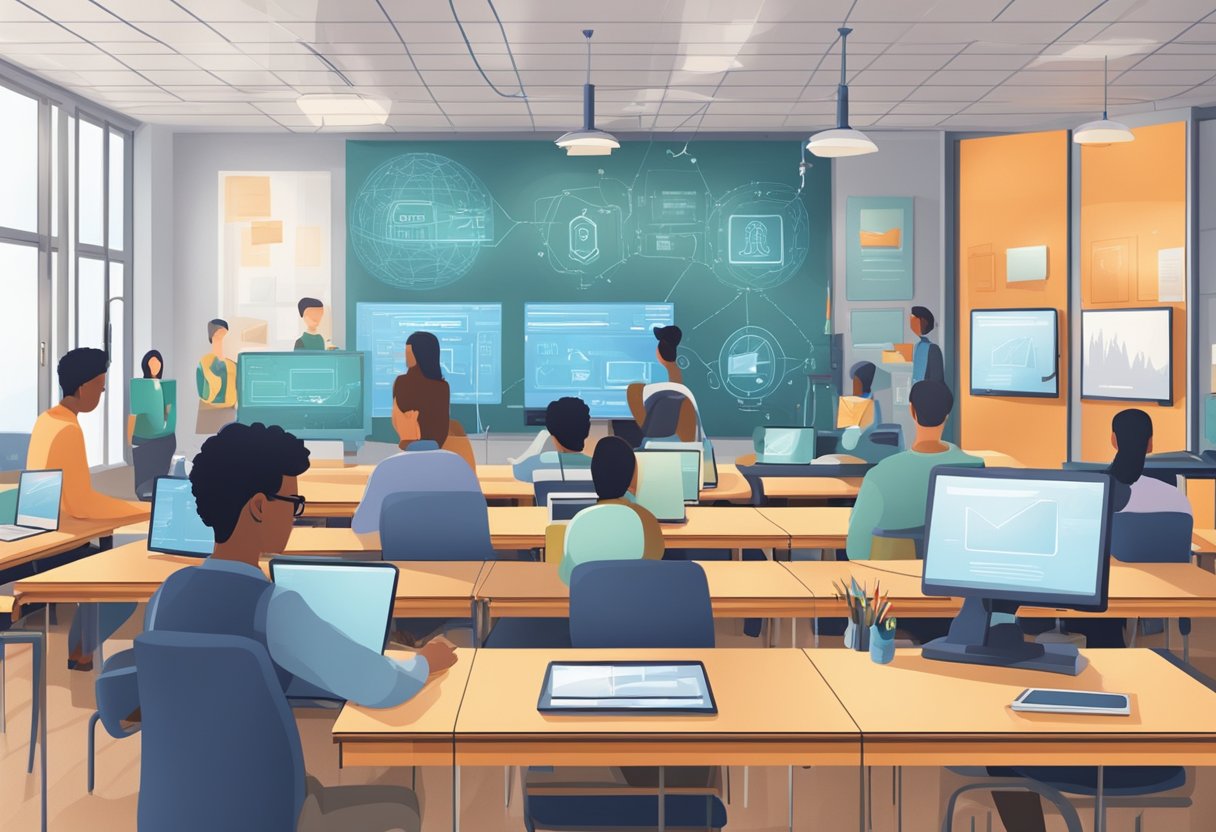 A classroom setting with various electronic devices connected to a high-speed 5G network, showcasing seamless online learning and communication