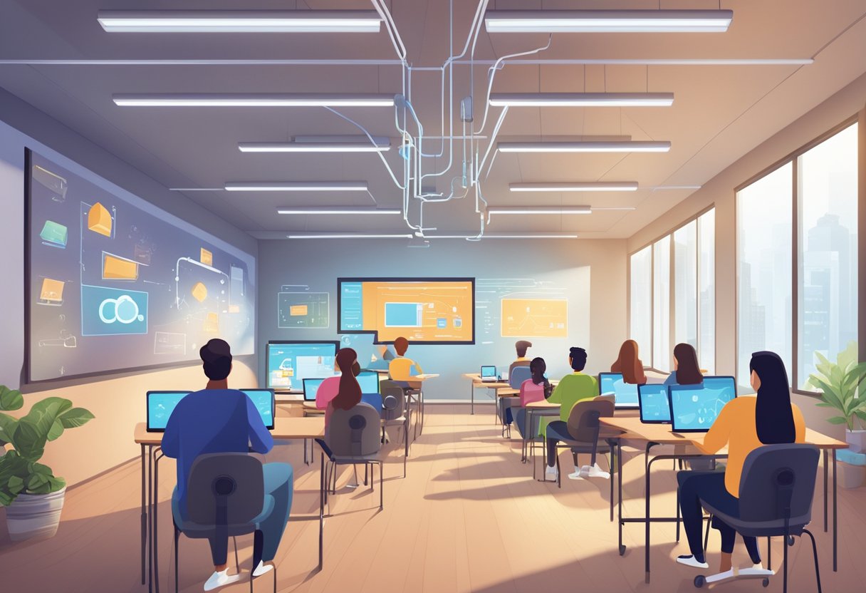 A classroom setting with digital devices connected to high-speed 5G network. Students engage in remote learning activities with seamless connectivity and interactive content