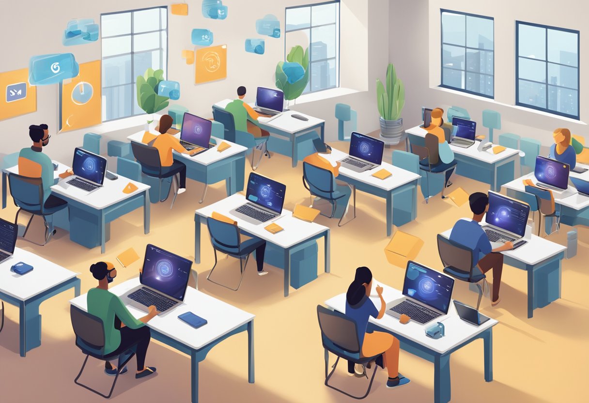 A classroom setting with students using laptops and tablets, with 5G signals being transmitted through the air. Various obstacles such as distance and interference are present, but the 5G technology is shown overcoming these challenges to facilitate seamless remote learning