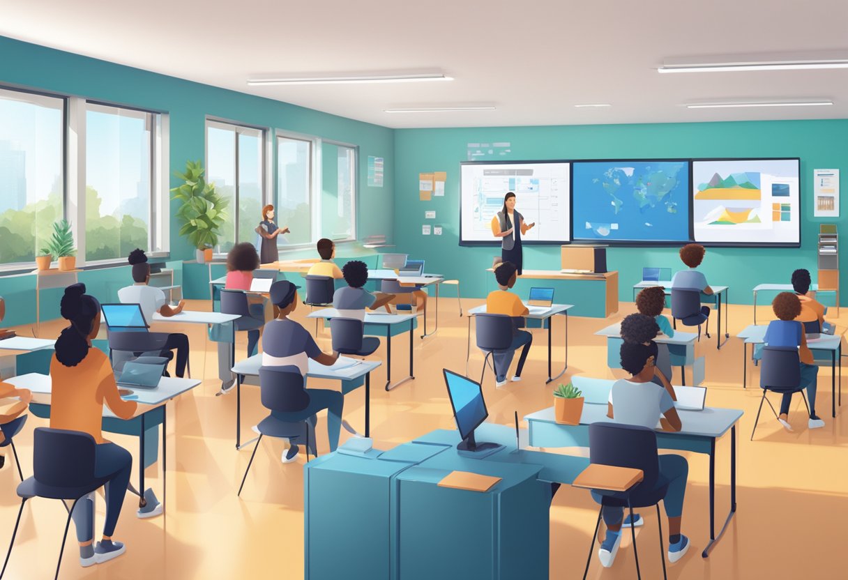 A classroom setting with students engaging in remote learning activities using advanced technology powered by 5G. The scene showcases the seamless and high-speed connectivity that enhances the overall learning experience