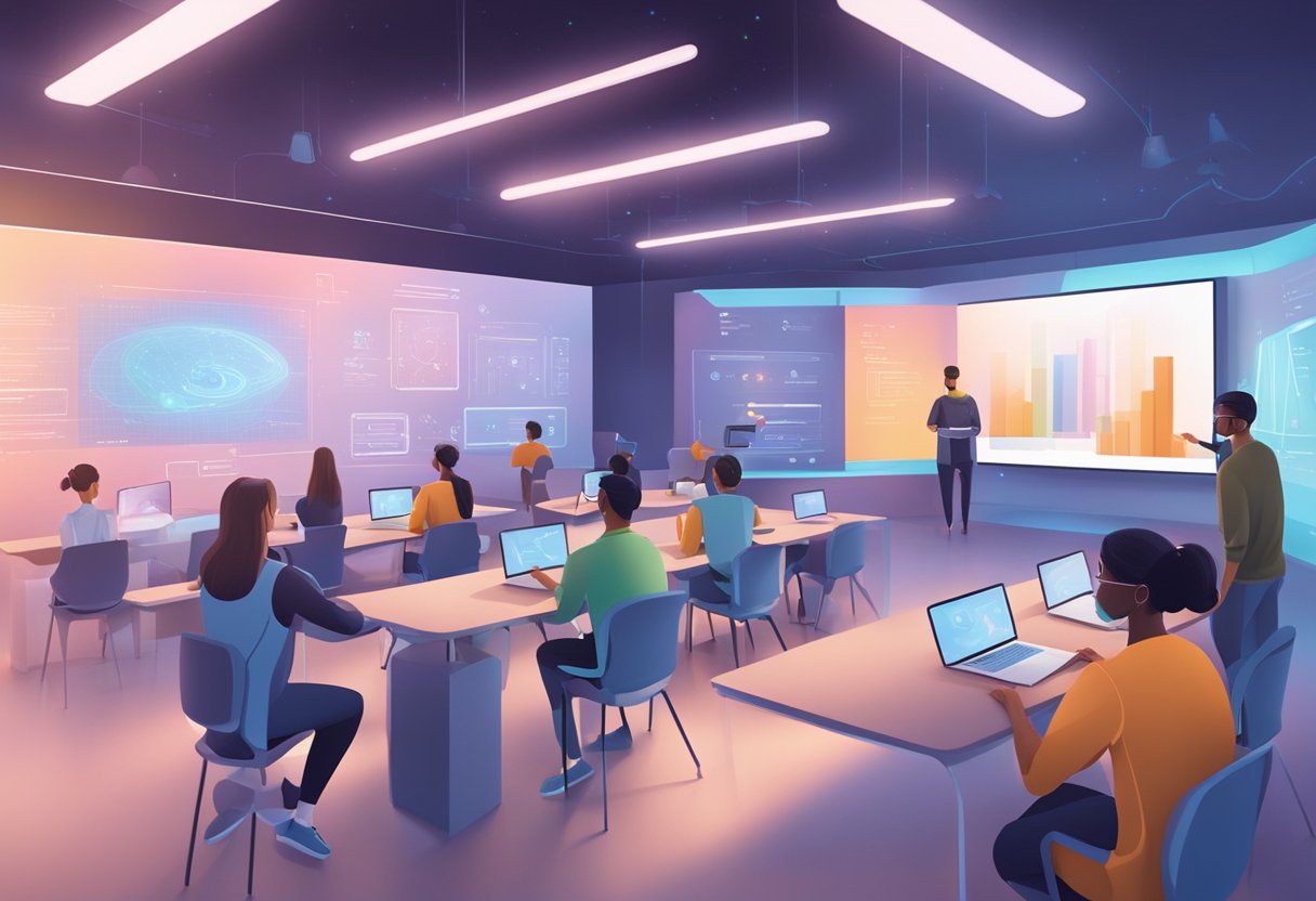 A futuristic classroom with holographic displays and students engaging in interactive virtual lessons via 5G technology