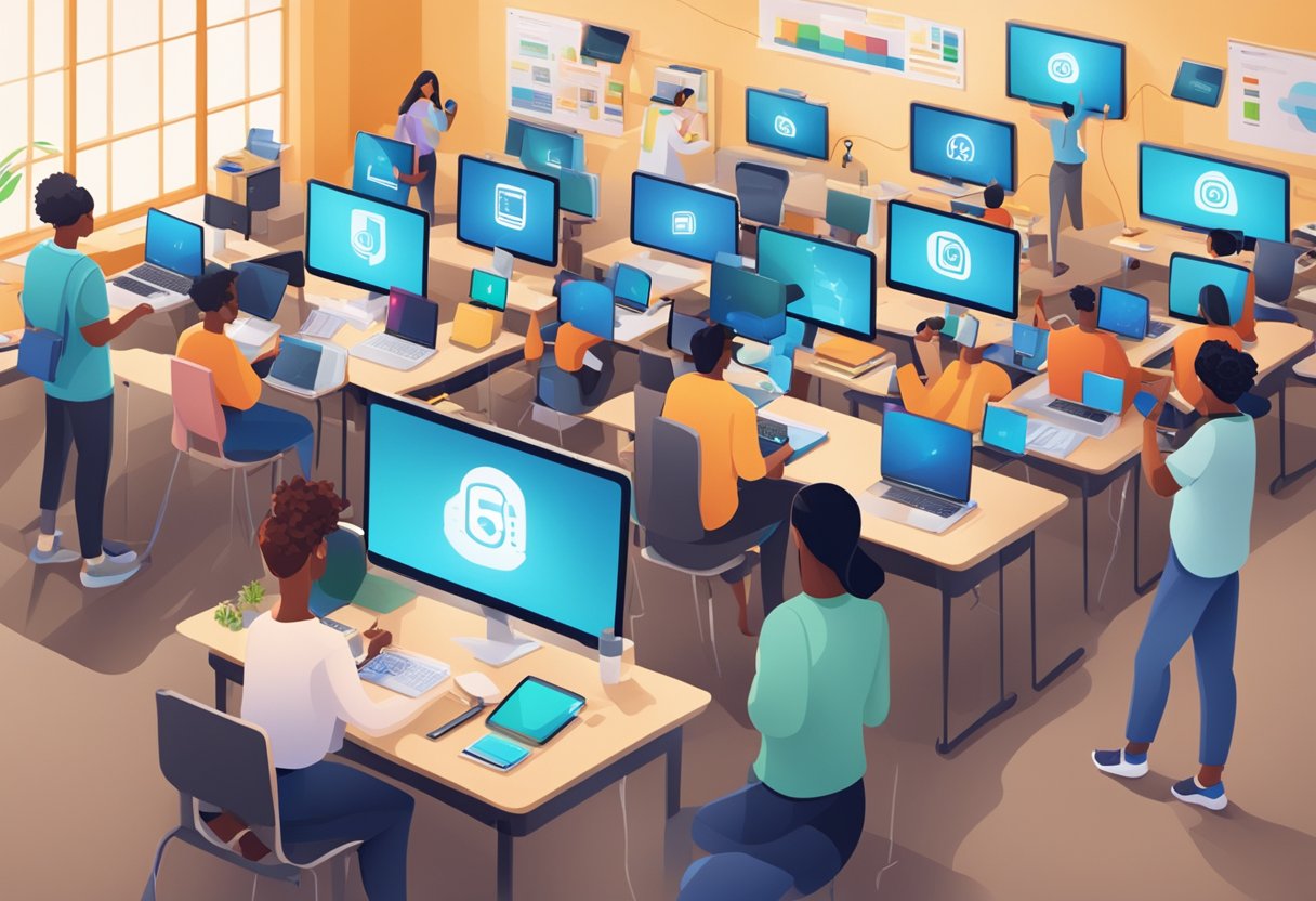 A classroom filled with electronic devices, students engaged in remote learning, and a strong 5G signal connecting them all