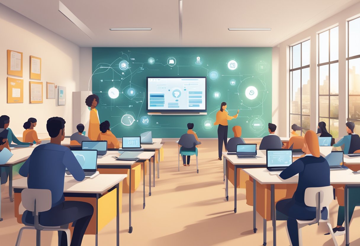 A classroom with high-speed internet, smart devices, and seamless connectivity, showcasing the impact of 5G on remote learning