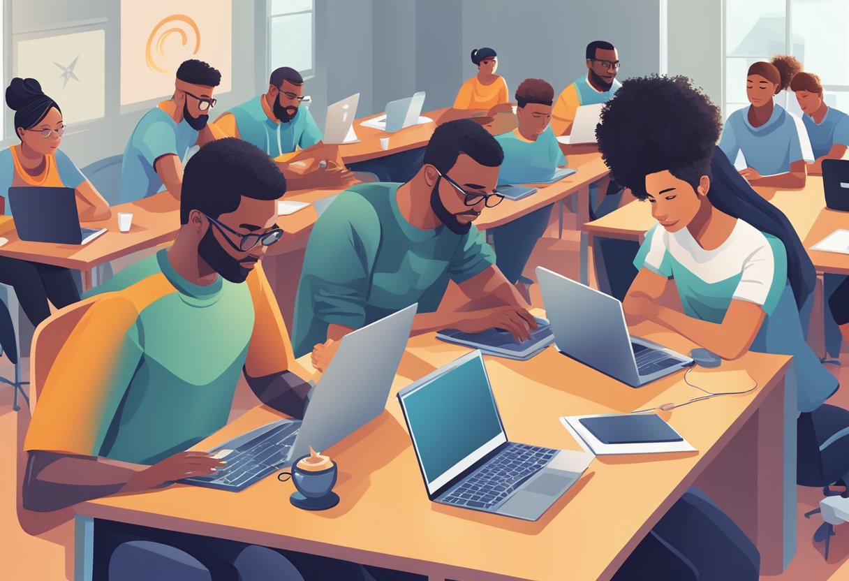 A group of diverse individuals engage in coding exercises, problem-solving, and collaboration in a bootcamp setting