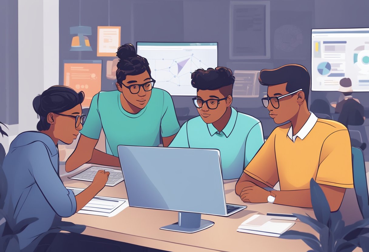 A group of students collaborate on a coding project, discussing problem-solving strategies and communicating effectively. They work together to analyze and solve complex coding challenges