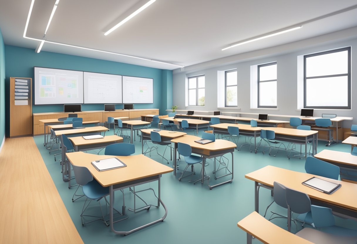 A classroom with traditional desks and a whiteboard transforms into a modern space with interactive technology and collaborative workstations, symbolizing the evolution and benefits of flipped classrooms