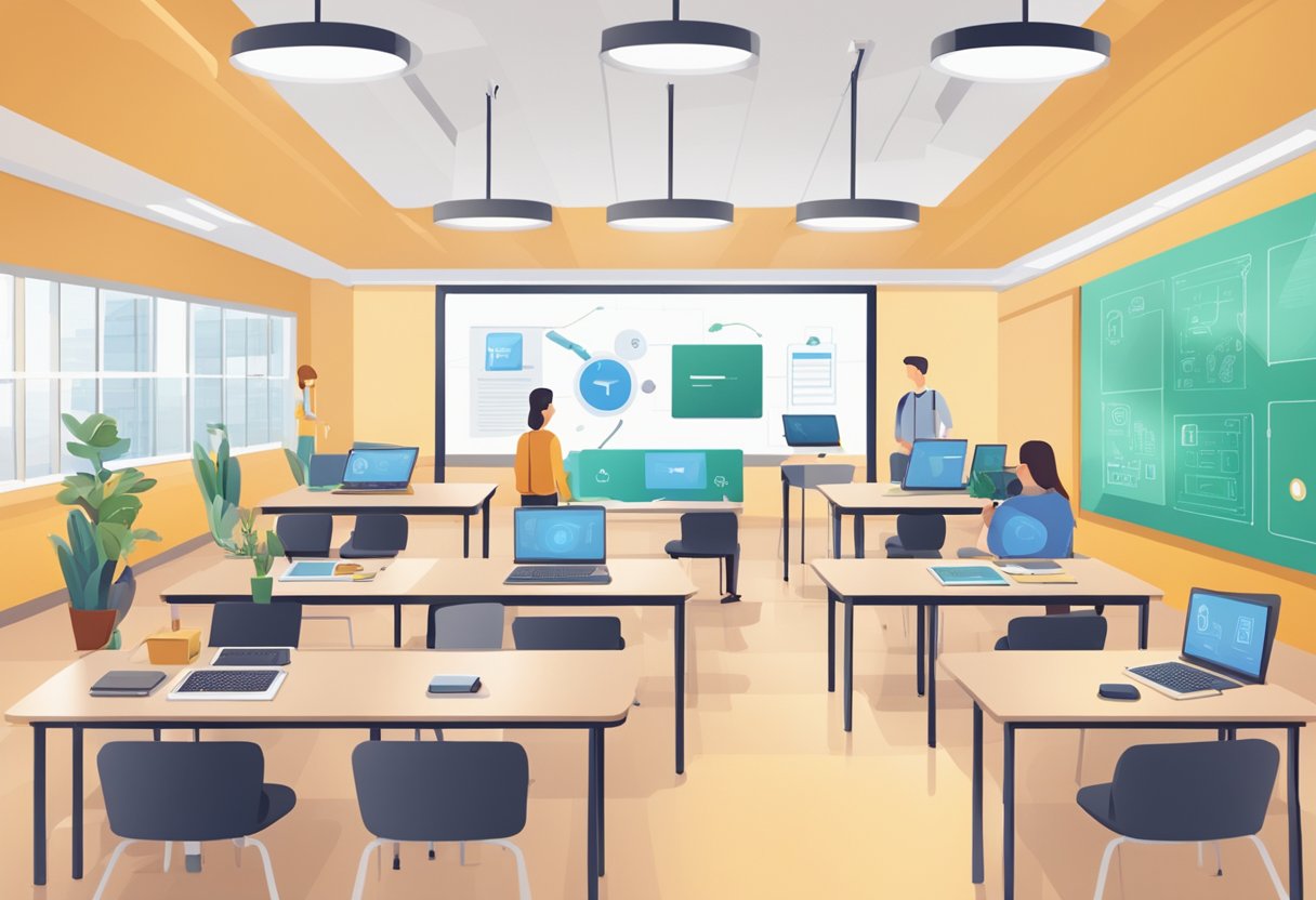 A classroom with digital devices connected to a central screen, displaying interactive content. Desks are arranged in a circle, promoting collaboration and engagement