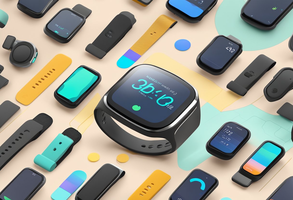 A wearable device displays real-time student health data on a digital screen. The device is sleek and modern, with a comfortable and adjustable band for easy wear