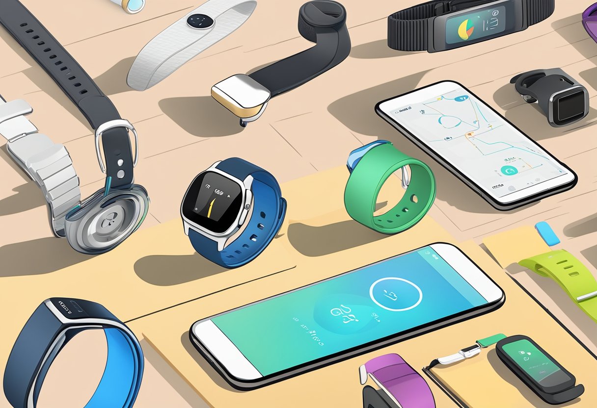 Various wearable devices like smartwatches, fitness bands, and health trackers are displayed on a table, showcasing their sleek designs and advanced technology for student health monitoring