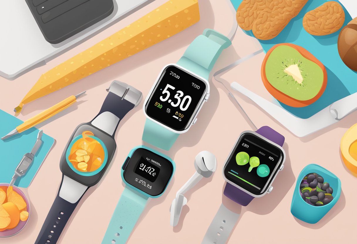 A student's wrist wearing a smartwatch, with a health app displayed, surrounded by fitness equipment and healthy snacks