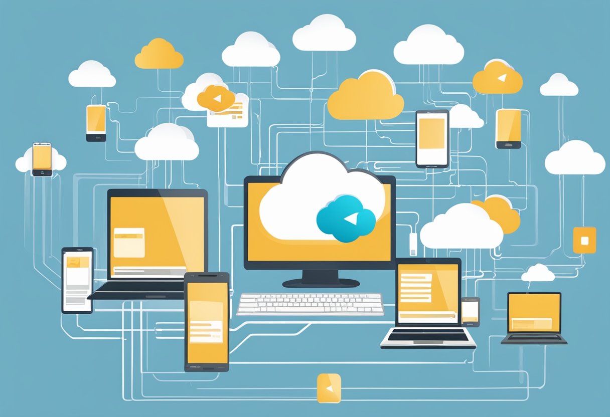 Multiple devices connect to a cloud server, sharing and accessing data for collaborative learning