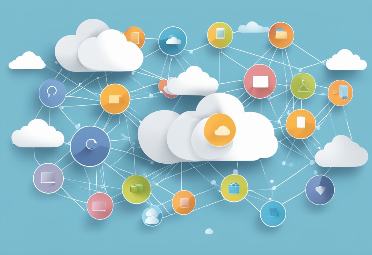 A group of interconnected clouds symbolizing collaborative learning, with data flowing between them to illustrate the concept of using cloud computing for enhanced collaboration