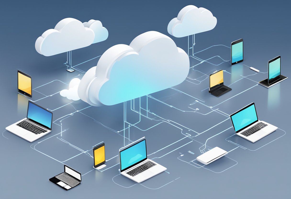 A group of digital devices connect to a cloud server, exchanging data and collaborating in a virtual environment