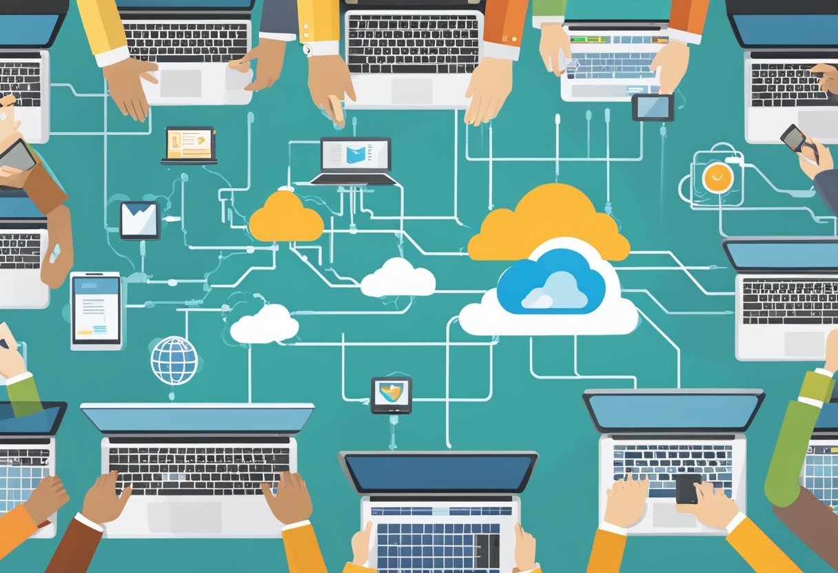 Various digital devices and platforms connect via cloud computing, enabling collaborative learning. Multiple users interact and share information in real-time