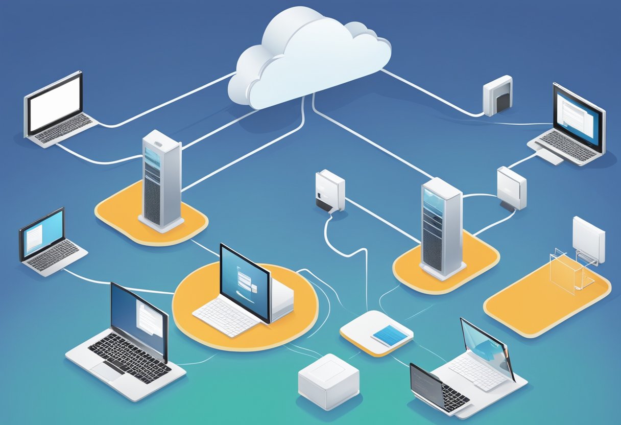 Multiple devices connect to a cloud server, sharing data and resources for collaborative learning. Digital files and communication flow seamlessly across the network