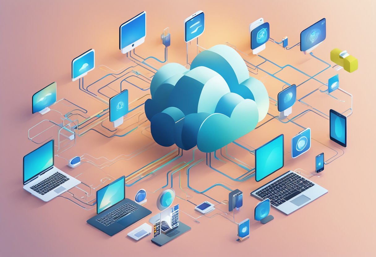 A cloud hovering over a group of interconnected devices, symbolizing security and privacy in collaborative learning