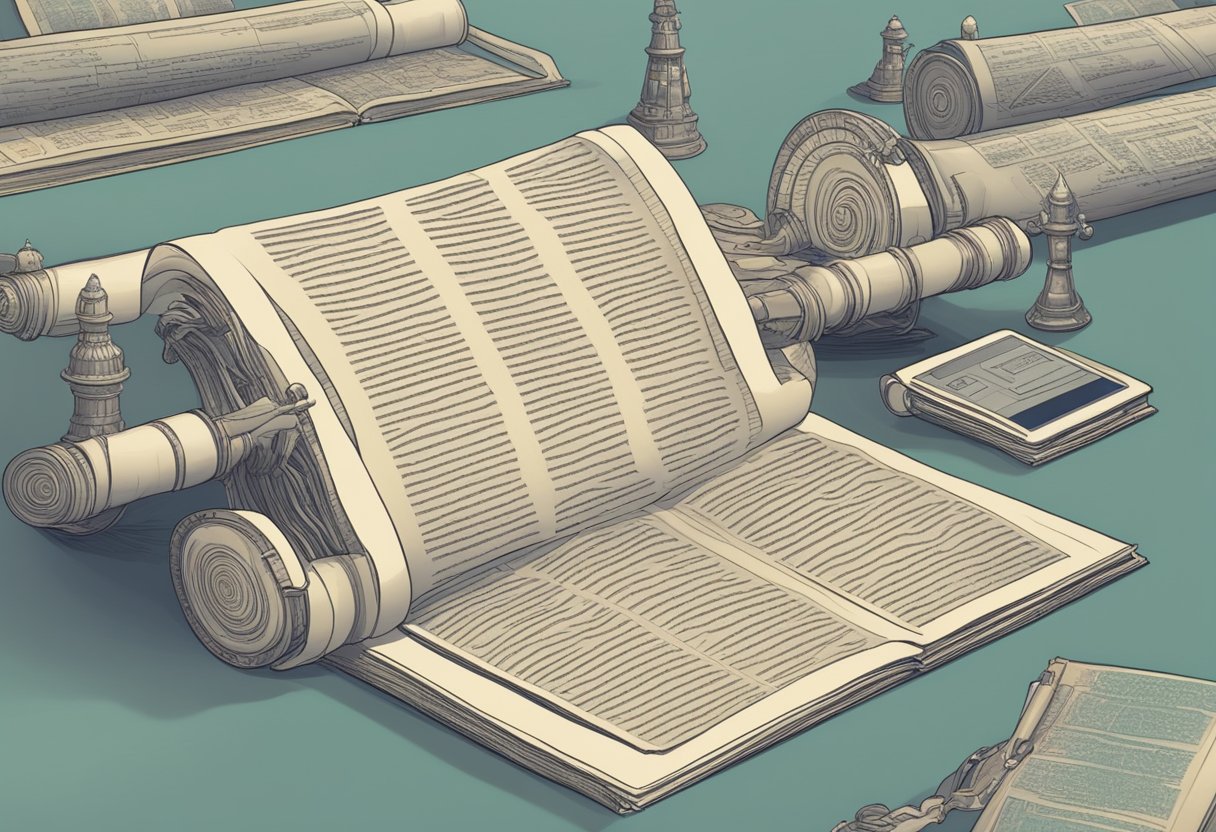 A timeline of ancient scrolls to modern e-books, with digital tablets replacing printed textbooks in a futuristic setting