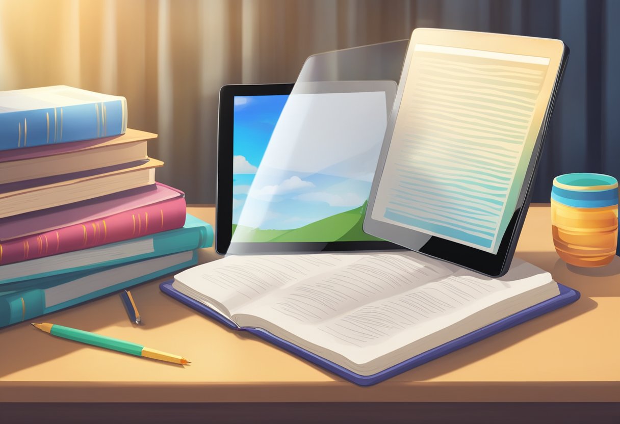 A digital tablet and a traditional printed textbook sit side by side on a desk, with a beam of light shining down on them, symbolizing the choice between digital and print for learning materials