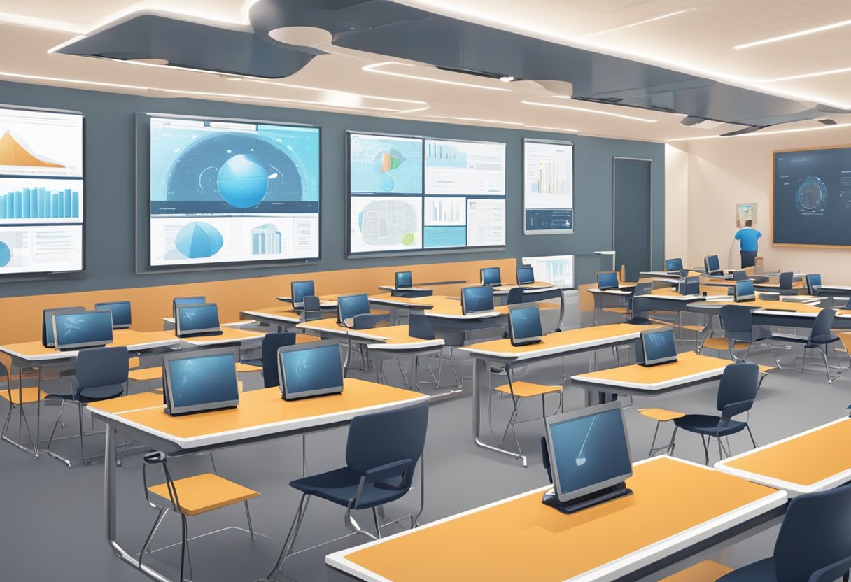 A futuristic classroom with digital tablets replacing traditional textbooks on sleek desks. Interactive screens display dynamic educational content, while students engage with cutting-edge learning technology