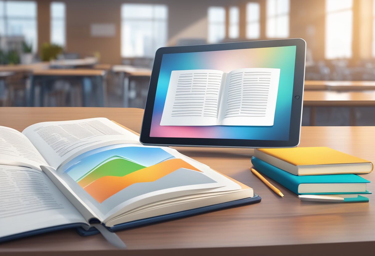 A digital tablet displaying interactive textbook content next to a traditional printed textbook on a desk, with a futuristic classroom environment in the background