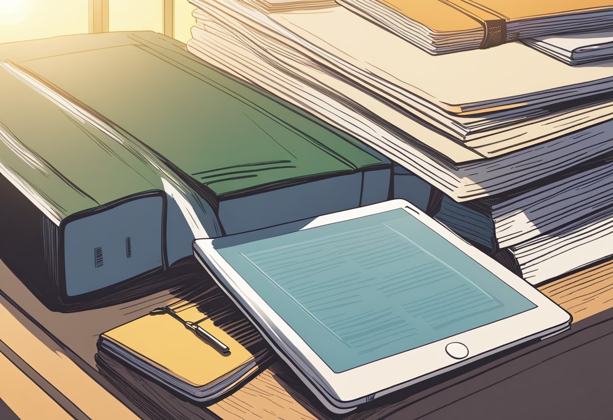 A digital tablet and a stack of printed textbooks sit side by side on a desk, with a beam of light shining down on them, symbolizing the ongoing debate between digital and print formats in the publishing industry