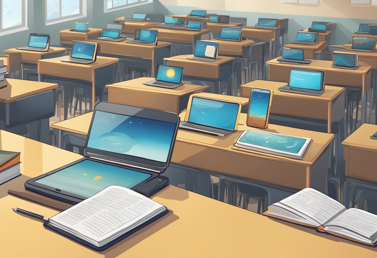 A modern classroom with digital devices and traditional printed textbooks side by side, symbolizing the ongoing debate over the future of educational materials